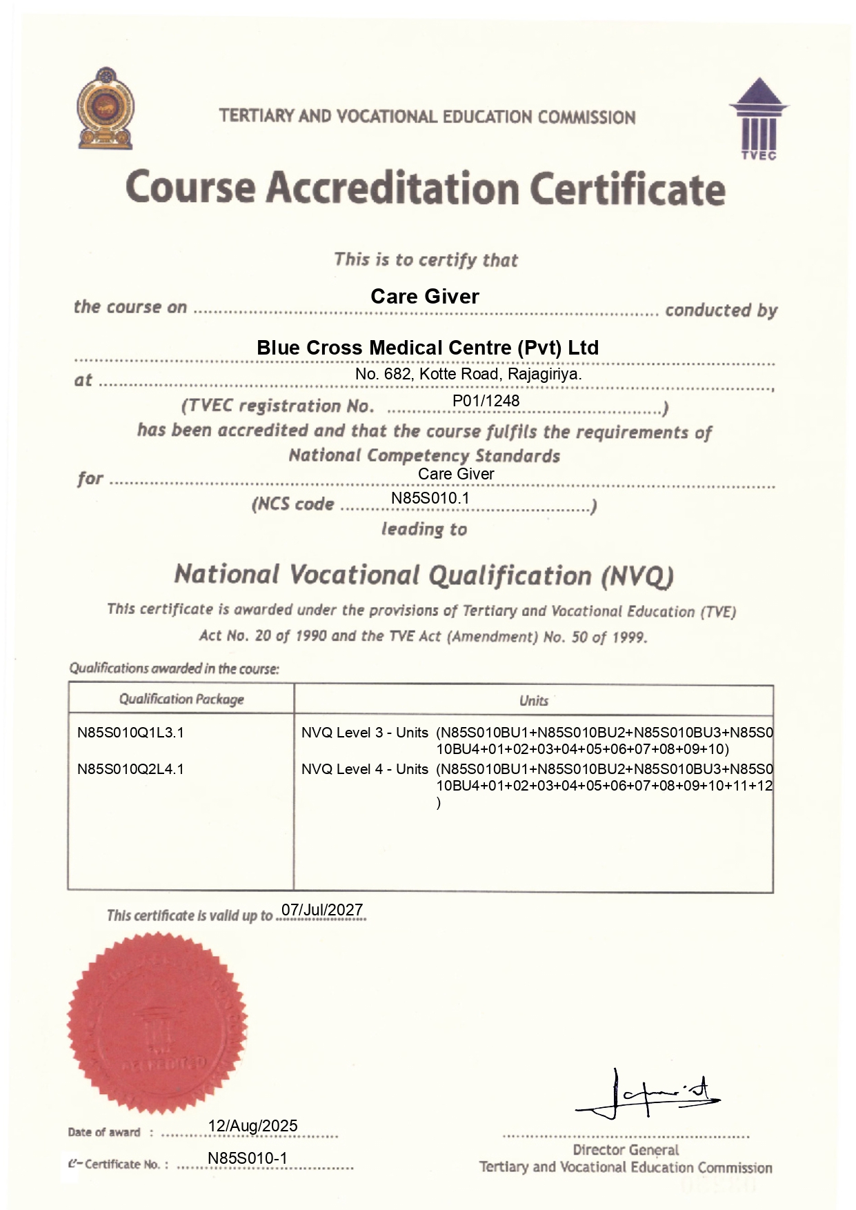 Blue Cross Academy TVEC Accreditation Certificate